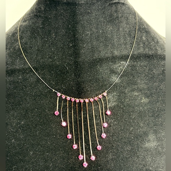 Hot Pink Waterfall Crystal Necklace on Black Metal Chain - Picture 1 of 6